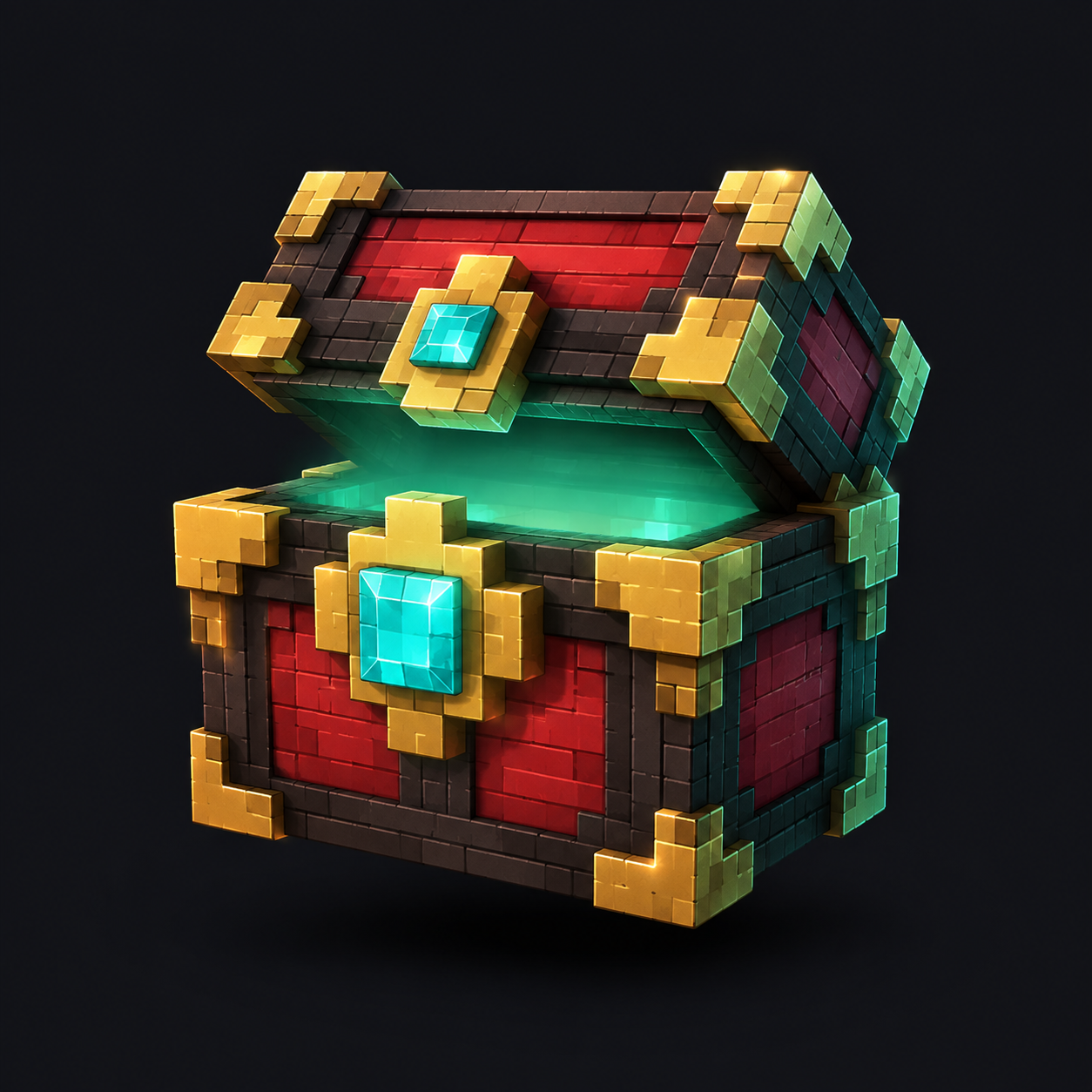 Voxel treasure chest with a turquoise crystal lock